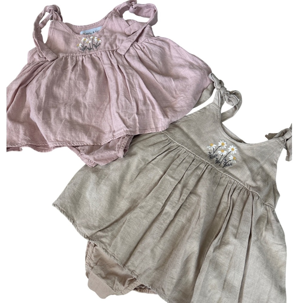 Abby & Evie Baby Girls Daisy‎ Embroidered Romper Dress 18M Pink Tan bundle of 2